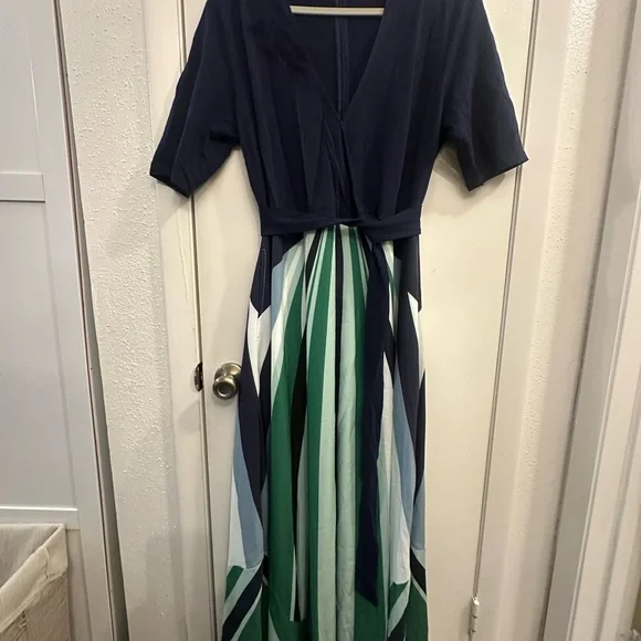 eShakti Navy and Green Striped Maxi Dress with Pockets - Picture 2 of 2